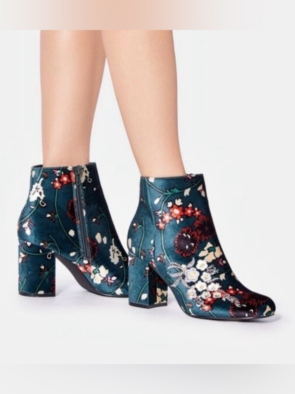 Floral Embroidered Teal Ankle Boots